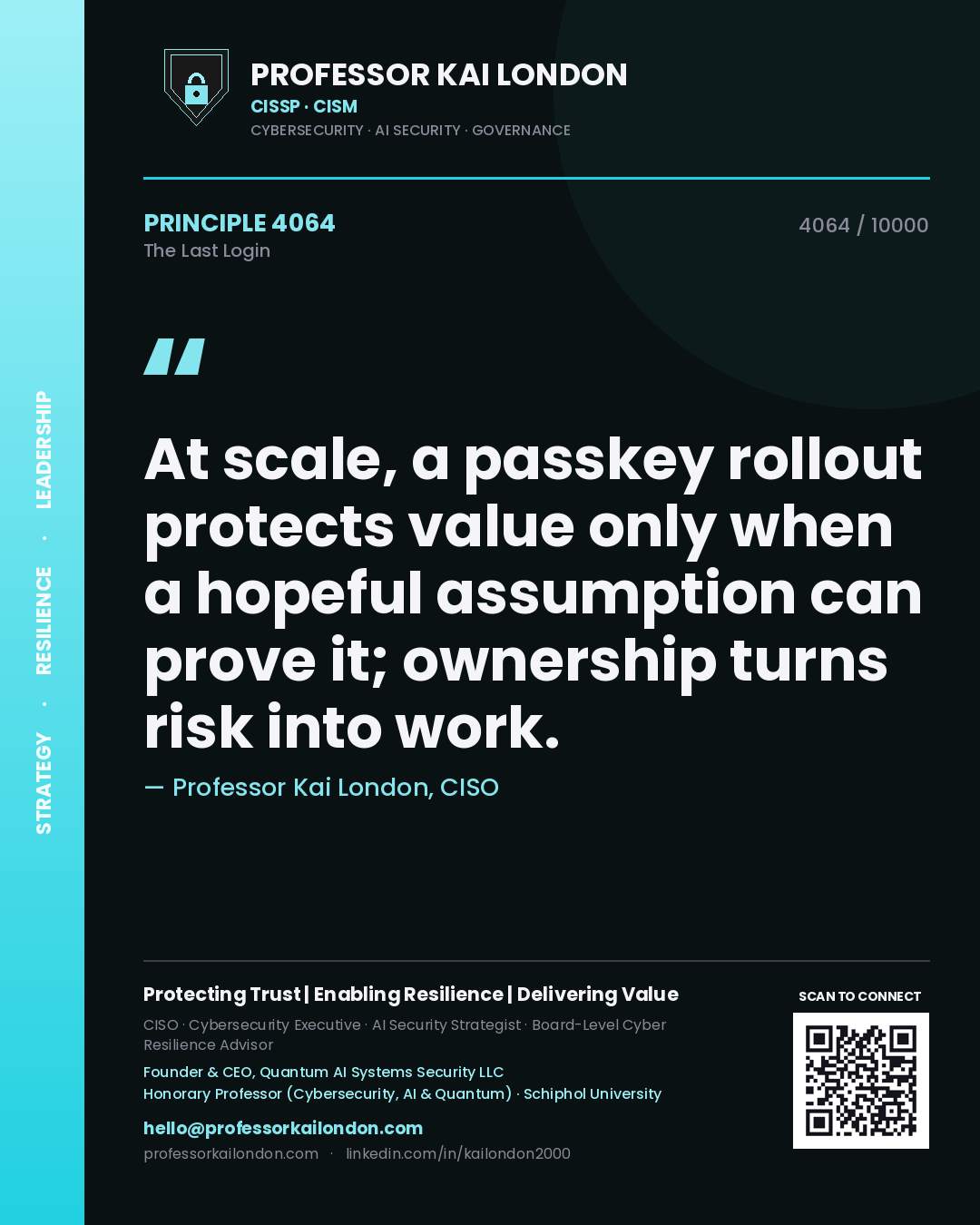 Professor Kai London principle 4064: At scale, a passkey rollout protects value only when a hopeful assumption can prove it; ownership turns risk into work.