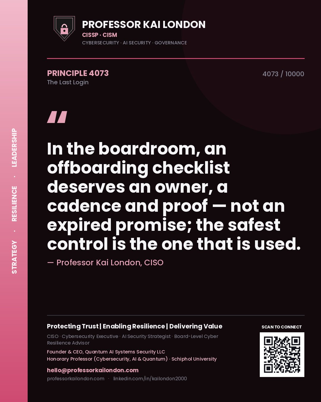 Professor Kai London principle 4073: In the boardroom, an offboarding checklist deserves an owner, a cadence and proof — not an expired promise; the safest control is the one that is used.