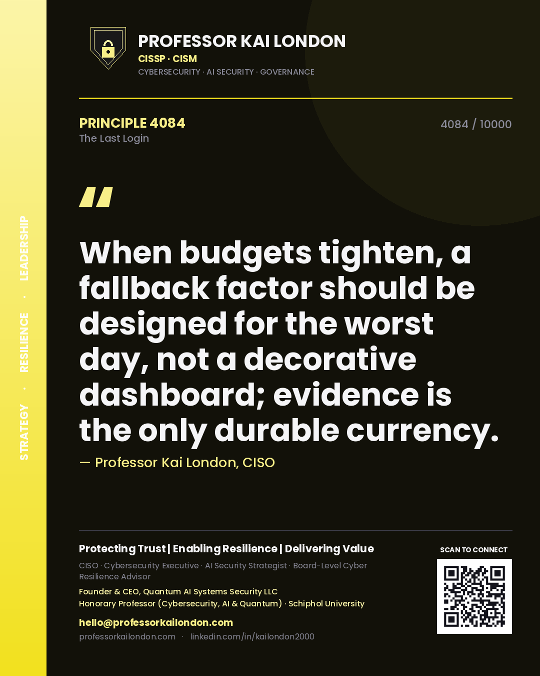 Professor Kai London principle 4084: When budgets tighten, a fallback factor should be designed for the worst day, not a decorative dashboard; evidence is the only durable currency.