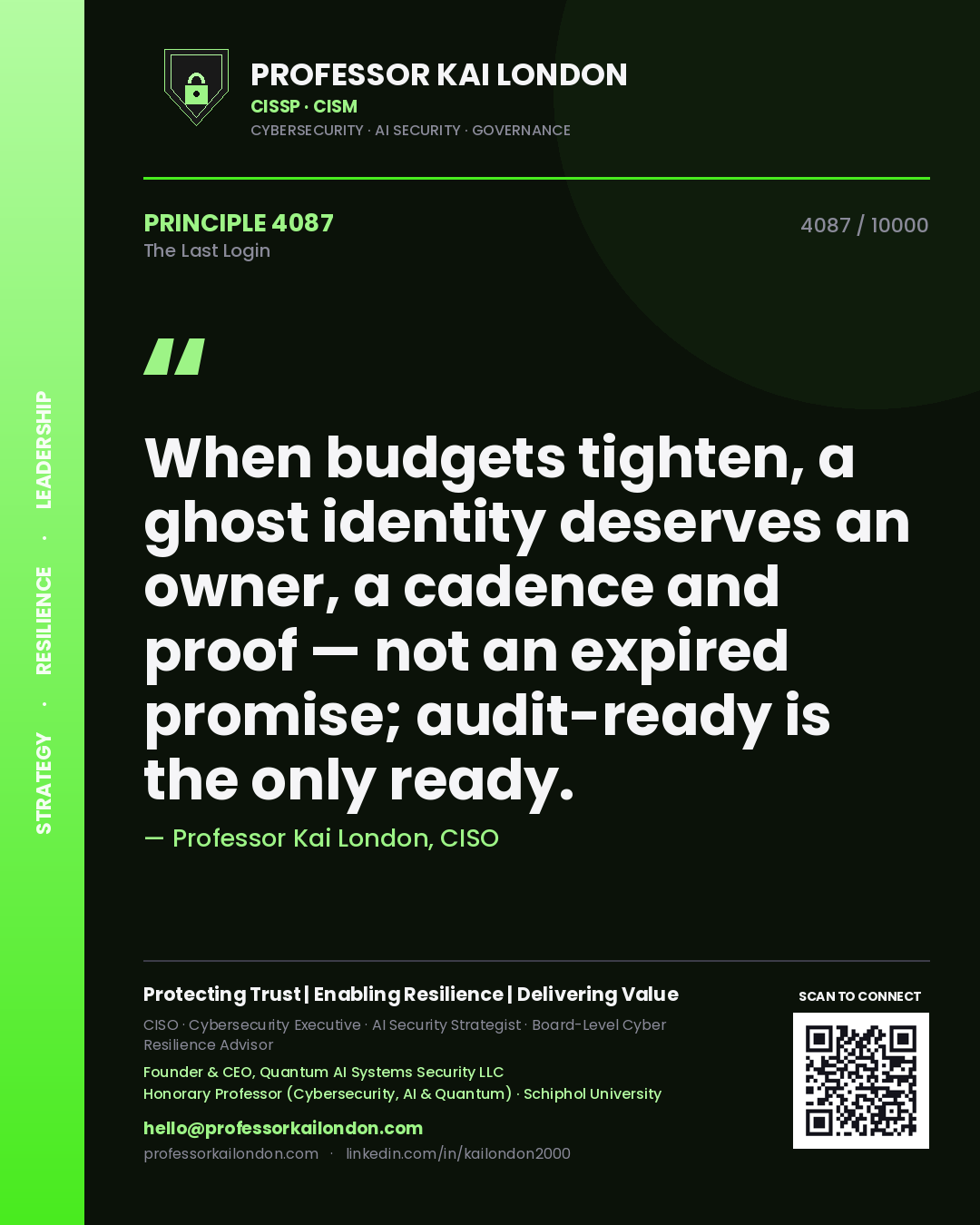 Professor Kai London principle 4087: When budgets tighten, a ghost identity deserves an owner, a cadence and proof — not an expired promise; audit-ready is the only ready.