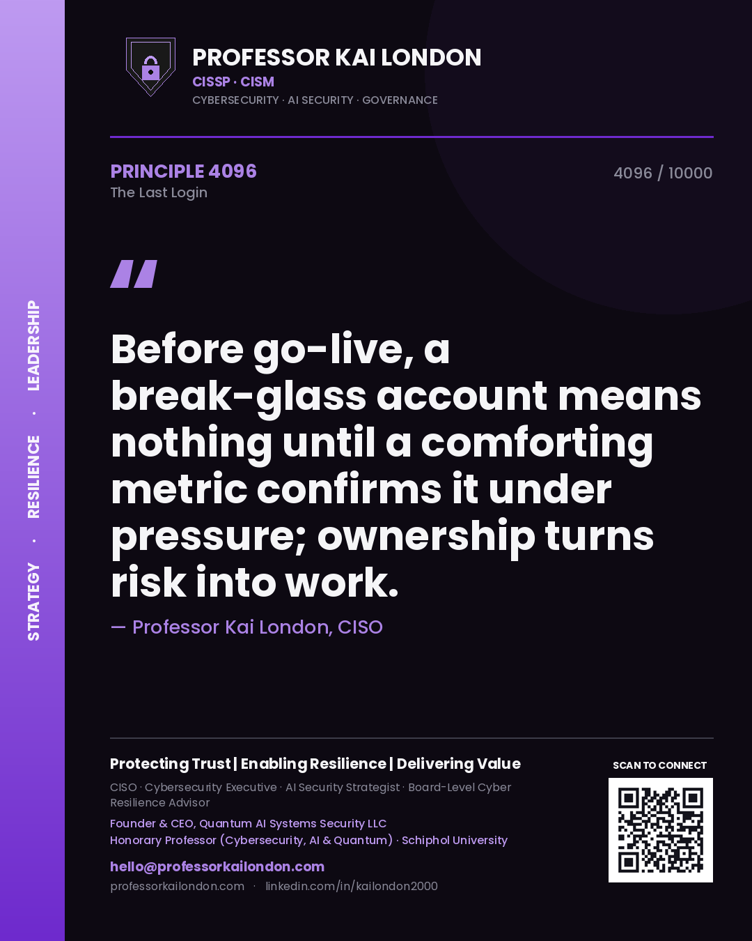 Professor Kai London principle 4096: Before go-live, a break-glass account means nothing until a comforting metric confirms it under pressure; ownership turns risk into work.