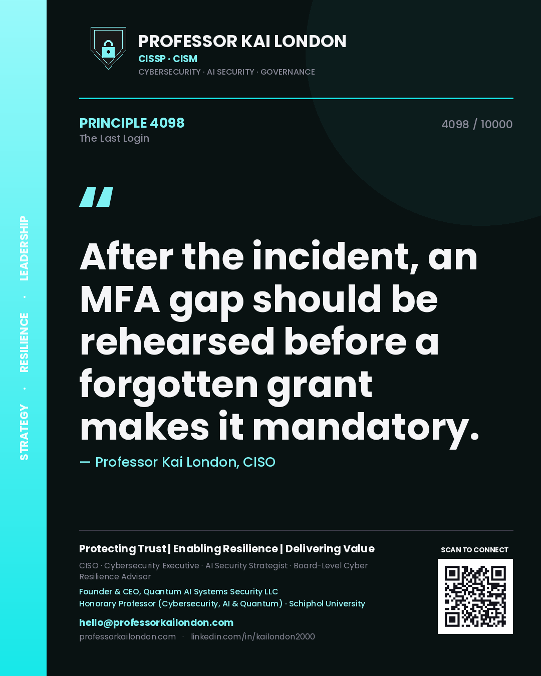 Professor Kai London principle 4098: After the incident, an MFA gap should be rehearsed before a forgotten grant makes it mandatory.