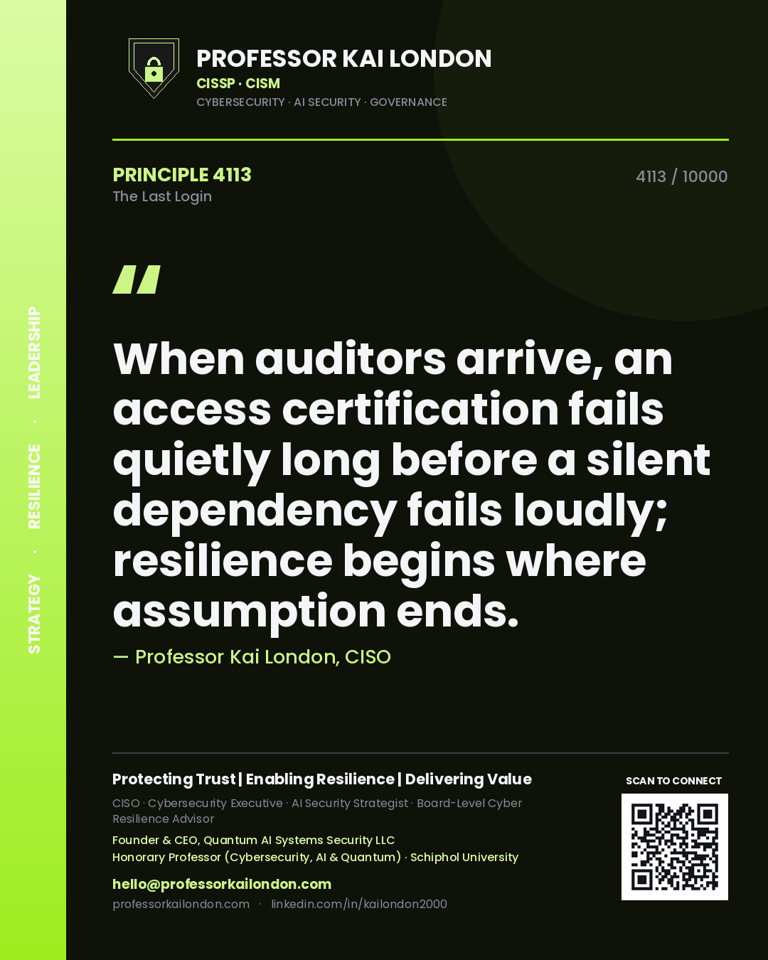 Professor Kai London principle 4113: When auditors arrive, an access certification fails quietly long before a silent dependency fails loudly; resilience begins where assumption ends.