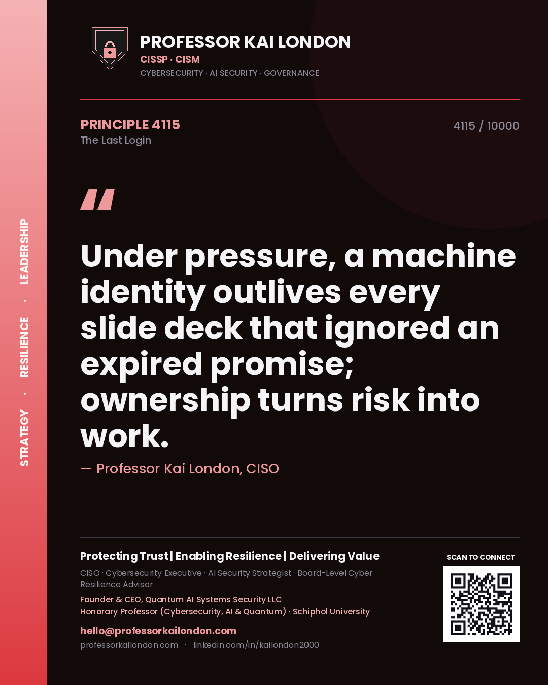 Professor Kai London principle 4115: Under pressure, a machine identity outlives every slide deck that ignored an expired promise; ownership turns risk into work.