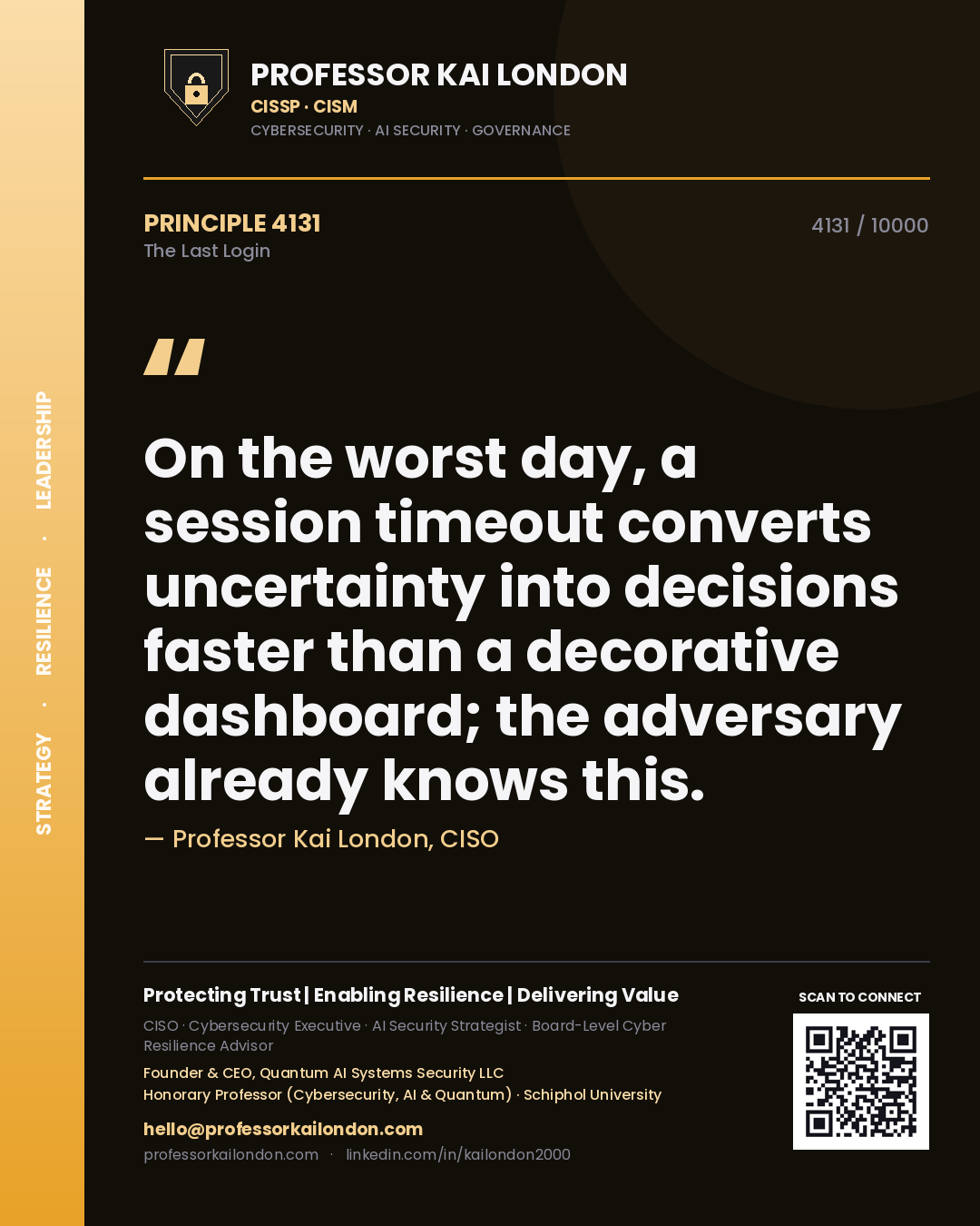 Professor Kai London principle 4131: On the worst day, a session timeout converts uncertainty into decisions faster than a decorative dashboard; the adversary already knows this.