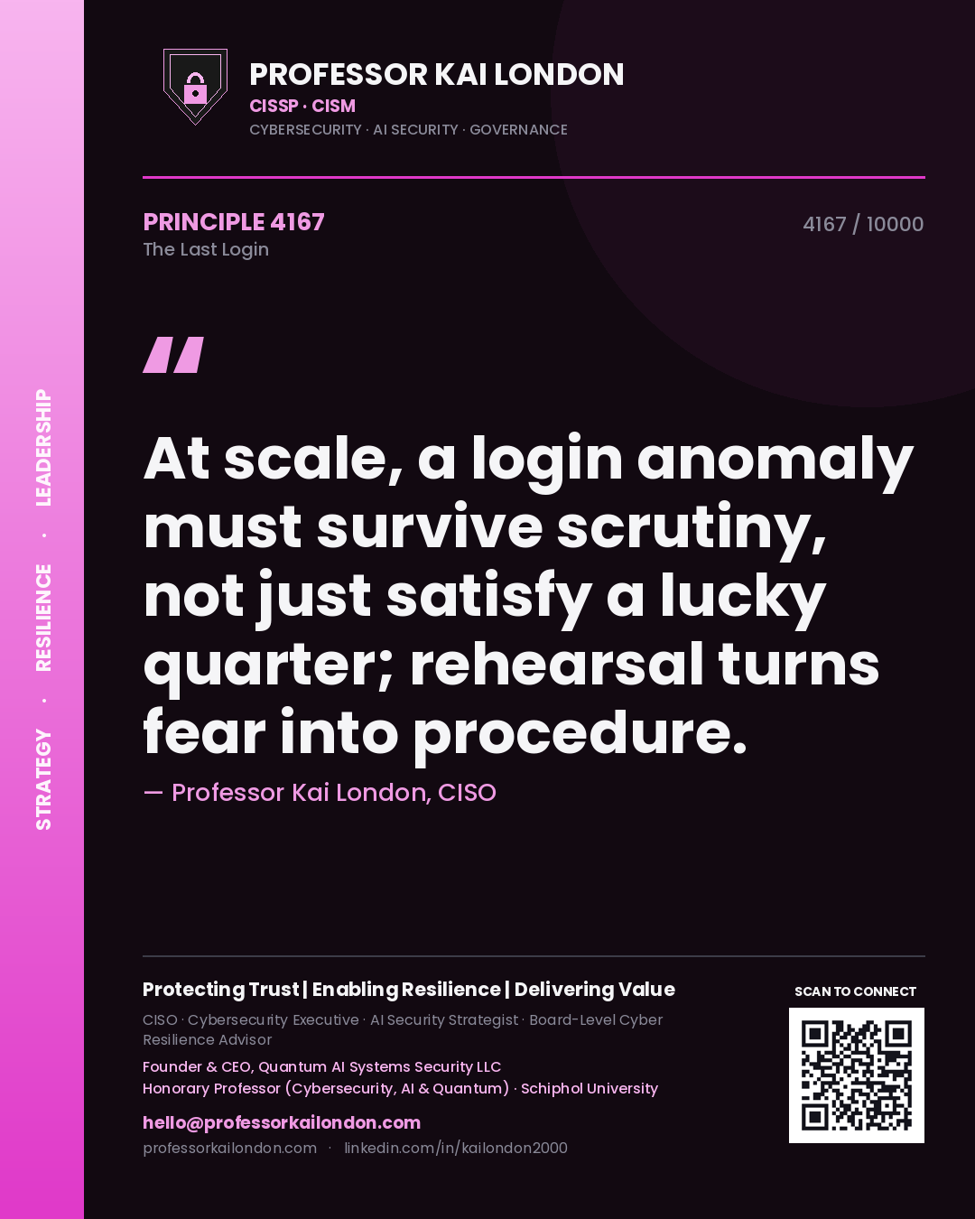 Professor Kai London principle 4167: At scale, a login anomaly must survive scrutiny, not just satisfy a lucky quarter; rehearsal turns fear into procedure.