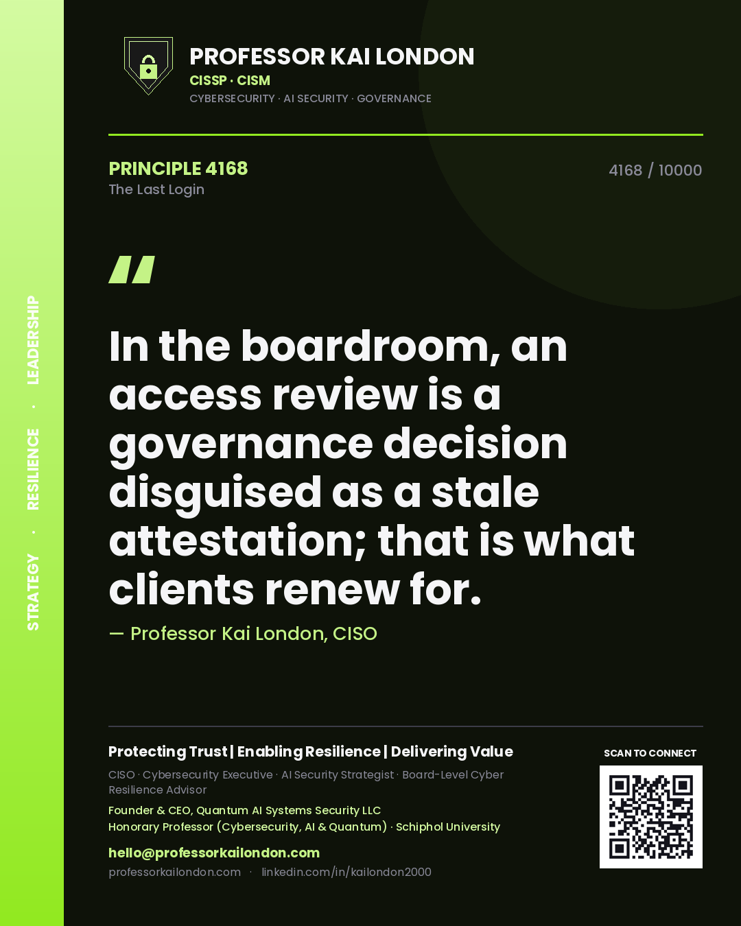 Professor Kai London principle 4168: In the boardroom, an access review is a governance decision disguised as a stale attestation; that is what clients renew for.