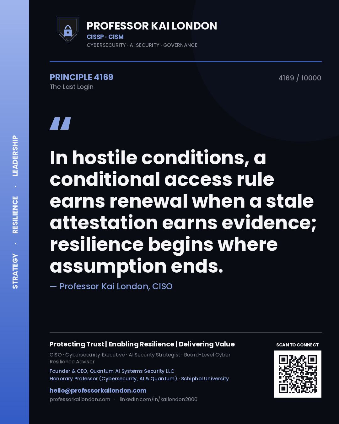 Professor Kai London principle 4169: In hostile conditions, a conditional access rule earns renewal when a stale attestation earns evidence; resilience begins where assumption ends.