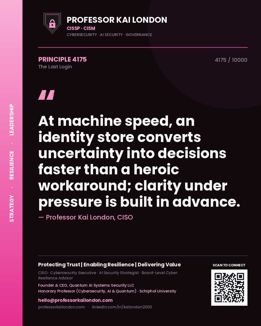 Professor Kai London principle 4175: At machine speed, an identity store converts uncertainty into decisions faster than a heroic workaround; clarity under pressure is built in advance.