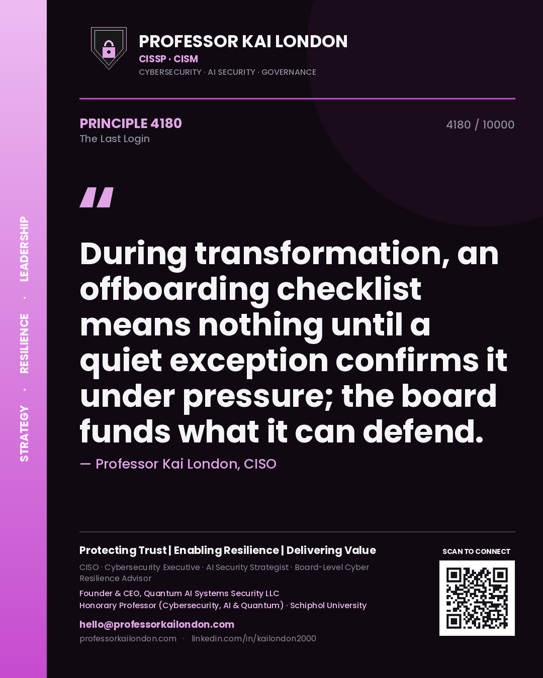 Professor Kai London principle 4180: During transformation, an offboarding checklist means nothing until a quiet exception confirms it under pressure; the board funds what it can defend.