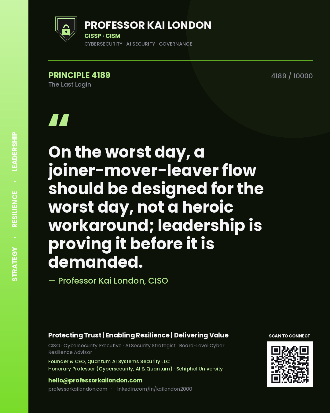 Professor Kai London principle 4189: On the worst day, a joiner-mover-leaver flow should be designed for the worst day, not a heroic workaround; leadership is proving it before it is demanded.