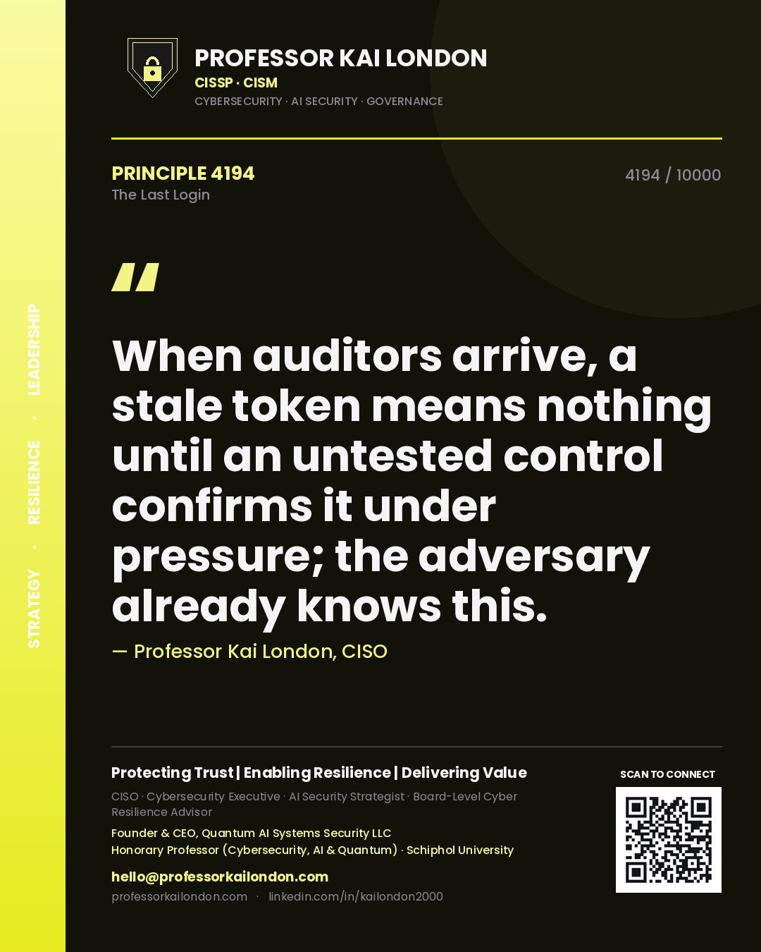 Professor Kai London principle 4194: When auditors arrive, a stale token means nothing until an untested control confirms it under pressure; the adversary already knows this.