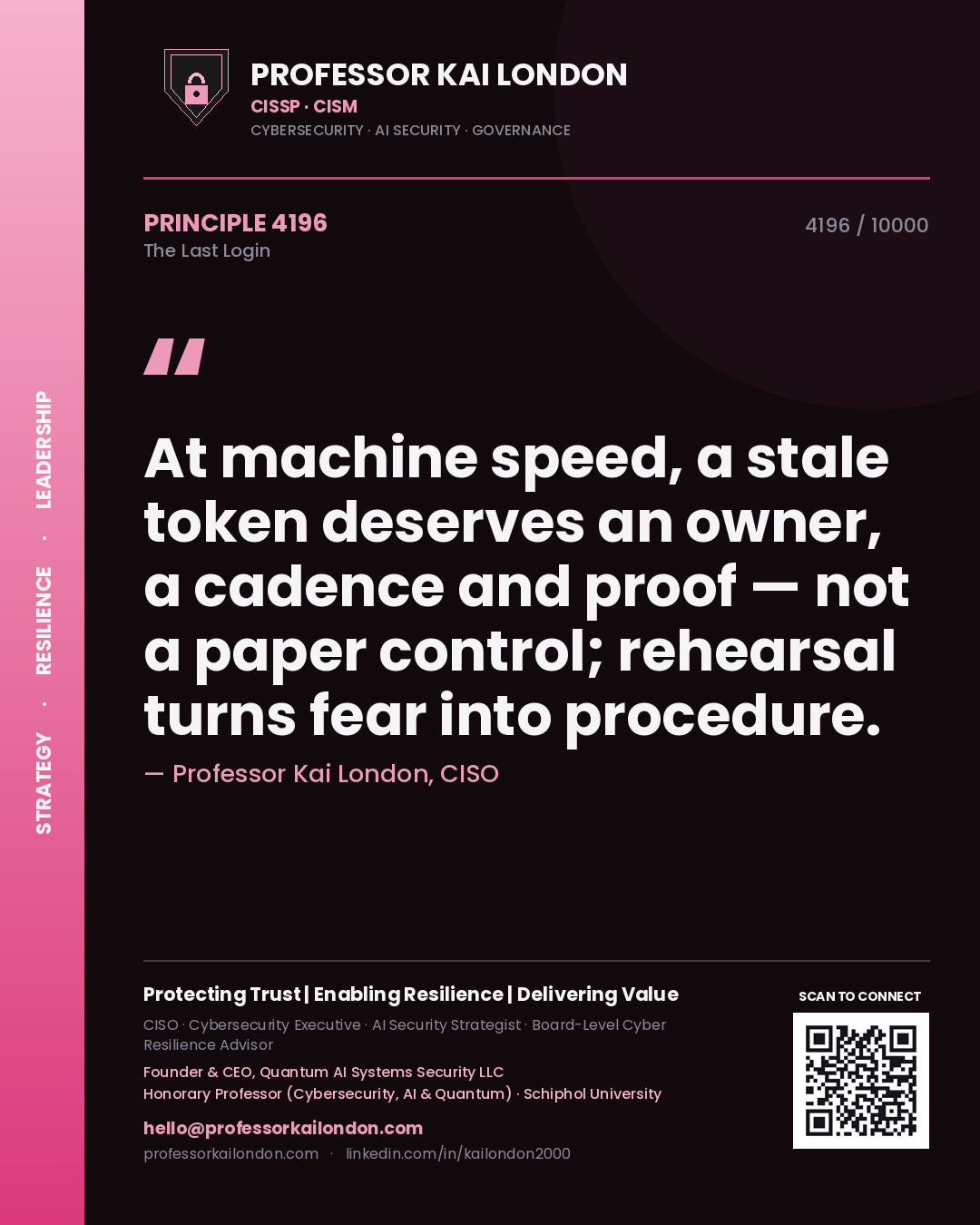 Professor Kai London principle 4196: At machine speed, a stale token deserves an owner, a cadence and proof — not a paper control; rehearsal turns fear into procedure.