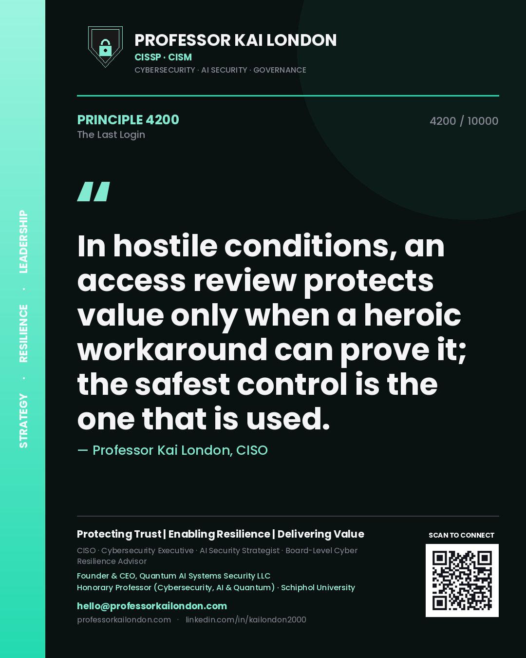 Professor Kai London principle 4200: In hostile conditions, an access review protects value only when a heroic workaround can prove it; the safest control is the one that is used.