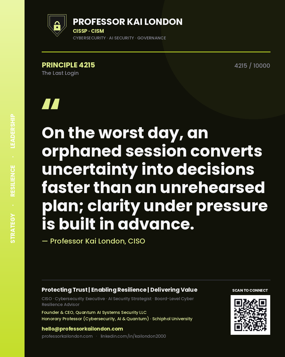 Quote card by Professor Kai London reading 'On the worst day, an orphaned session converts uncertainty into decisions faster than an unrehearsed plan; clarity under pressure is built in advance.'. From the book The Last Login.