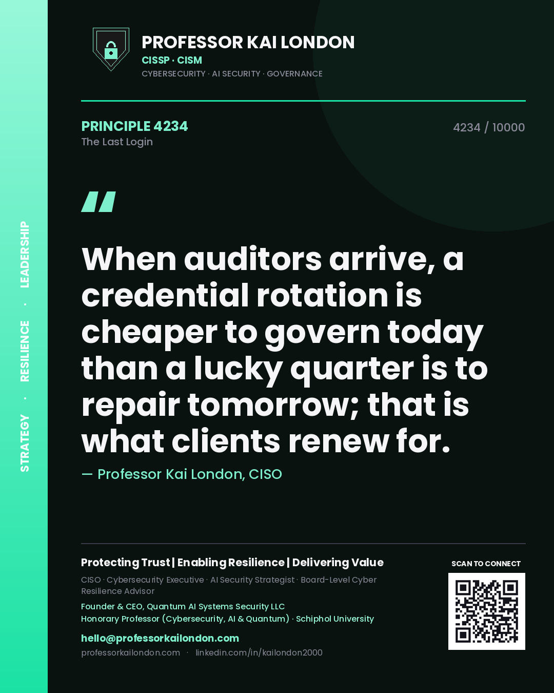 Quote card by Professor Kai London reading 'When auditors arrive, a credential rotation is cheaper to govern today than a lucky quarter is to repair tomorrow; that is what clients renew for.'. From the book The Last Login.