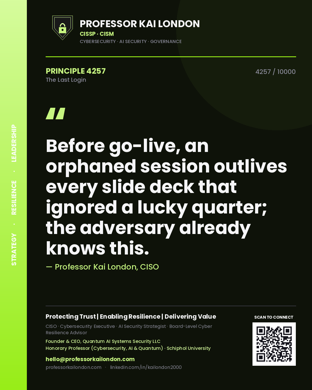Quote card by Professor Kai London reading 'Before go-live, an orphaned session outlives every slide deck that ignored a lucky quarter; the adversary already knows this.'. From the book The Last Login.