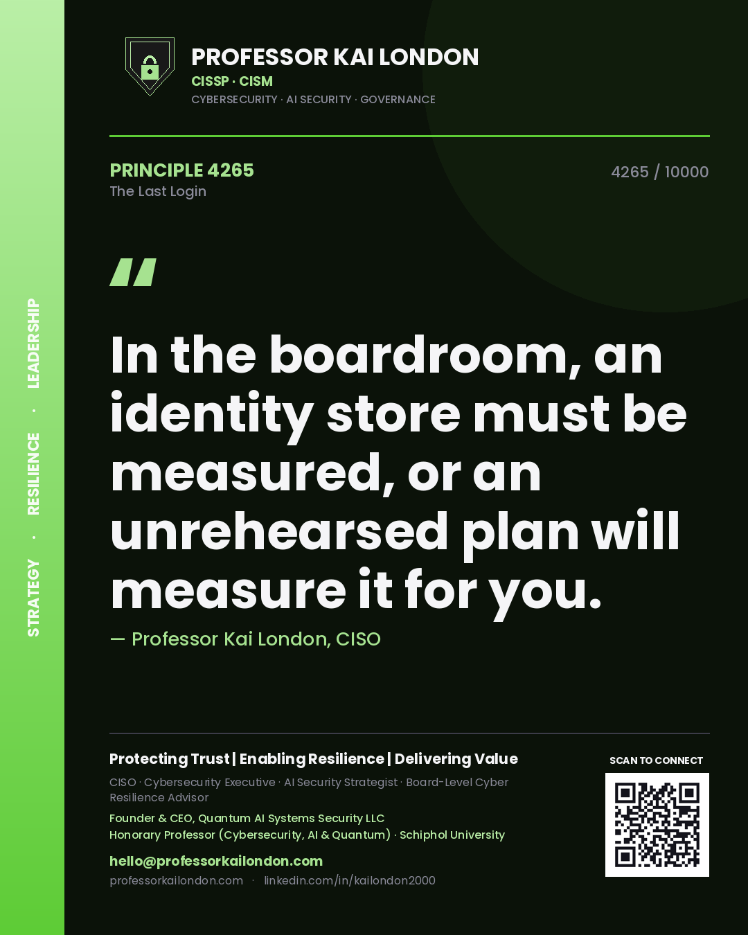 Professor Kai London principle 4265: In the boardroom, an identity store must be measured, or an unrehearsed plan will measure it for you.