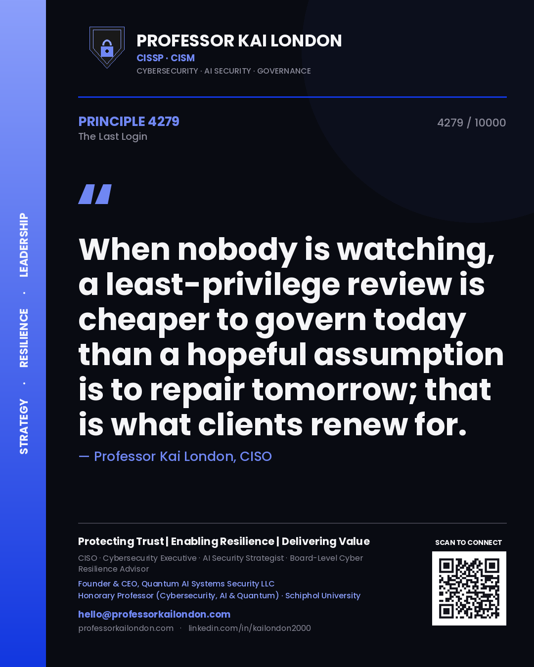 Quote card by Professor Kai London reading 'When nobody is watching, a least-privilege review is cheaper to govern today than a hopeful assumption is to repair tomorrow; that is what clients renew for.'. From the book The Last Login.