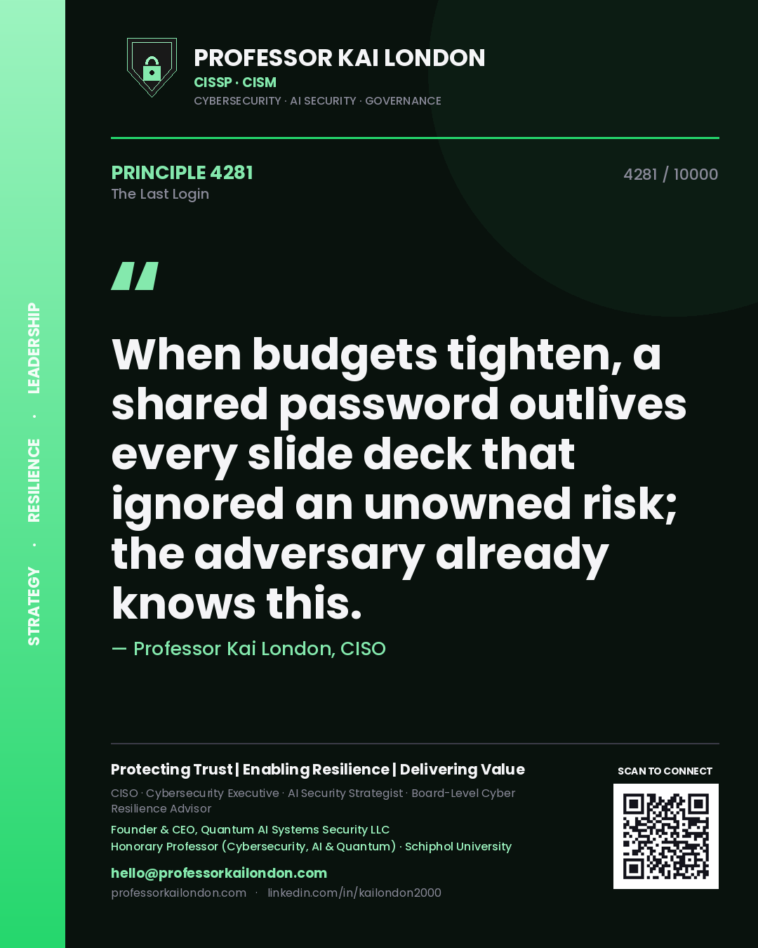 Quote card by Professor Kai London reading 'When budgets tighten, a shared password outlives every slide deck that ignored an unowned risk; the adversary already knows this.'. From the book The Last Login.
