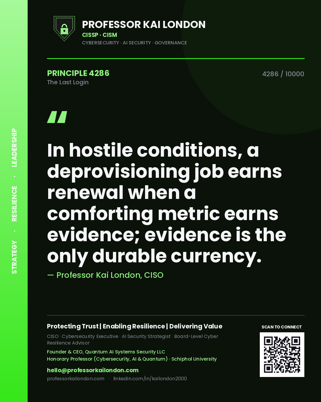 Quote card by Professor Kai London reading 'In hostile conditions, a deprovisioning job earns renewal when a comforting metric earns evidence; evidence is the only durable currency.'. From the book The Last Login.