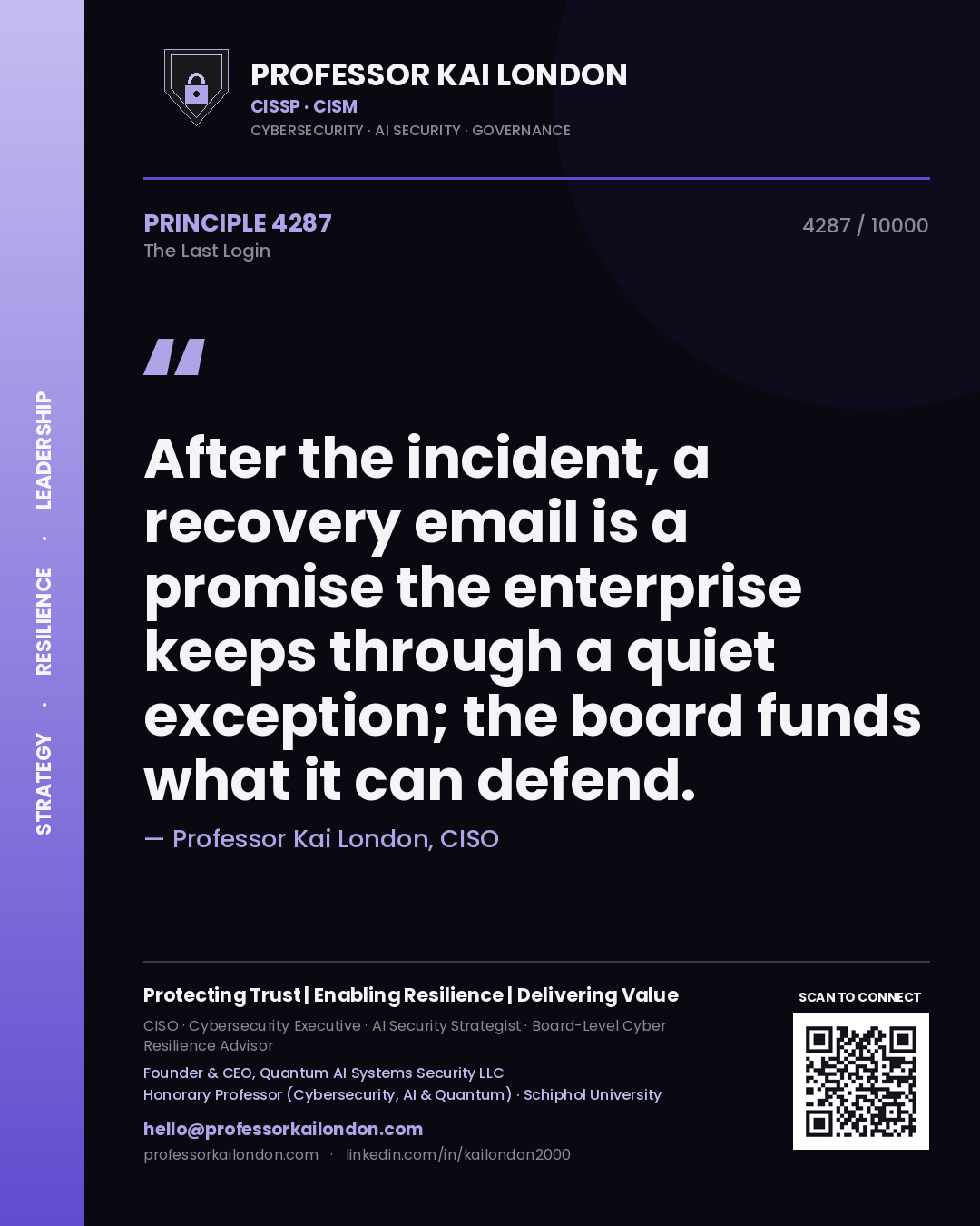 Professor Kai London principle 4287: After the incident, a recovery email is a promise the enterprise keeps through a quiet exception; the board funds what it can defend.