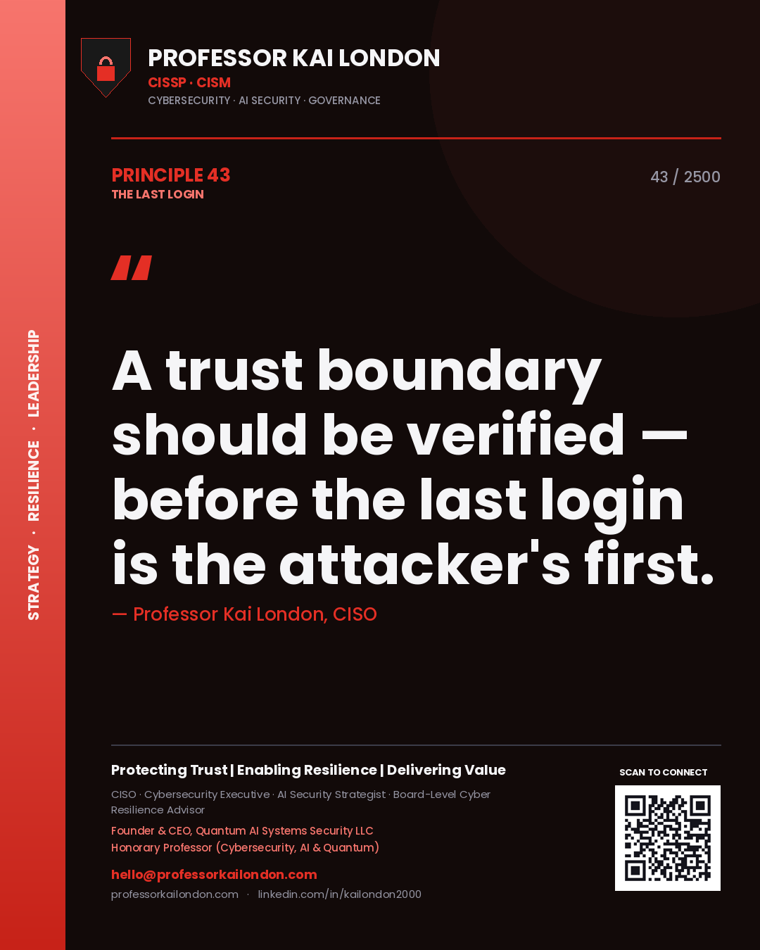 Professor Kai London principle 43: A trust boundary should be verified — before the last login is the attacker's first.