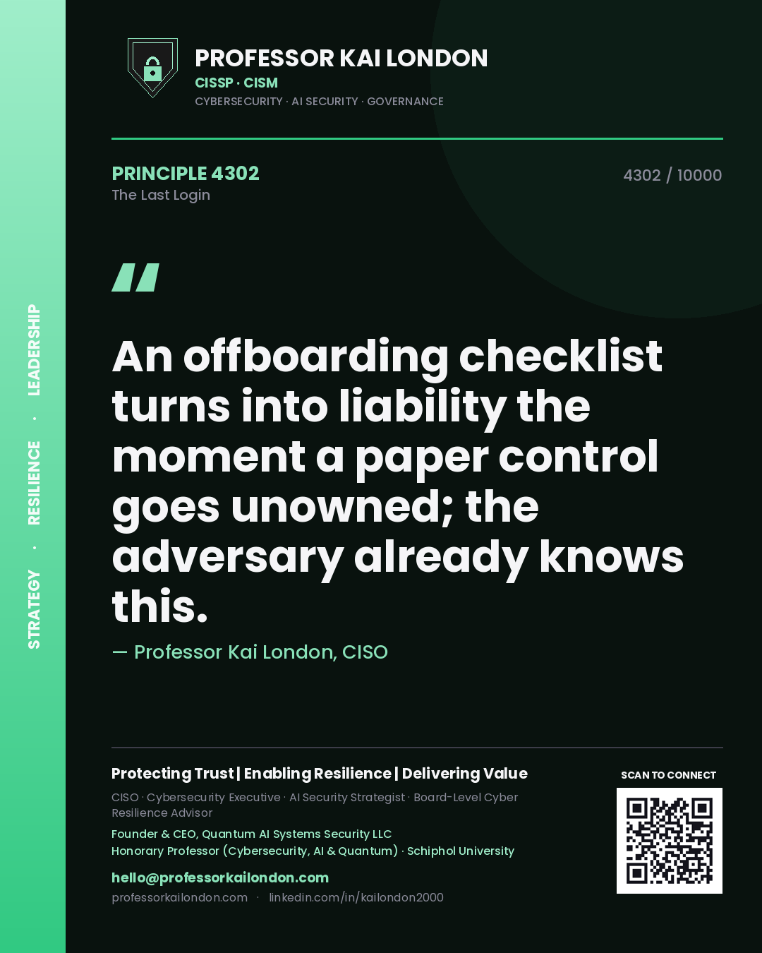 Professor Kai London principle 4302: An offboarding checklist turns into liability the moment a paper control goes unowned; the adversary already knows this.