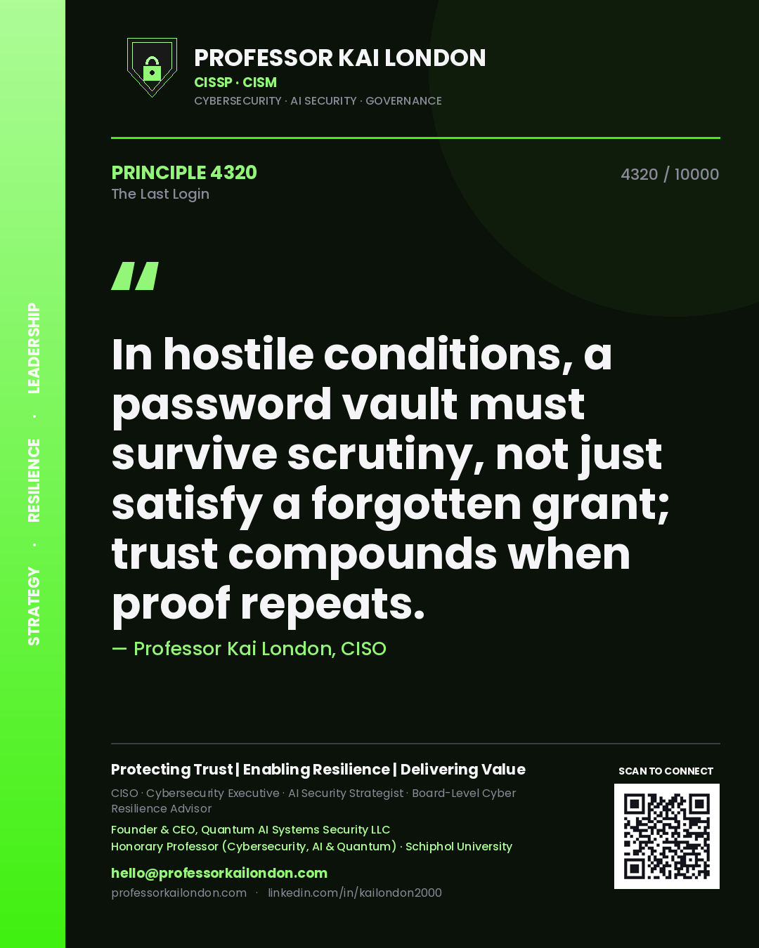 Professor Kai London principle 4320: In hostile conditions, a password vault must survive scrutiny, not just satisfy a forgotten grant; trust compounds when proof repeats.