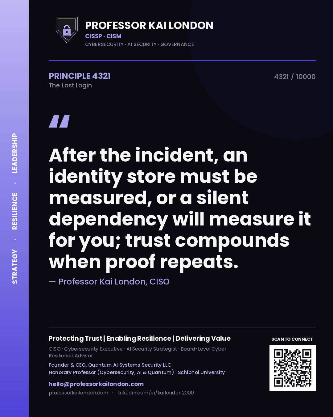 Quote card by Professor Kai London reading 'After the incident, an identity store must be measured, or a silent dependency will measure it for you; trust compounds when proof repeats.'. From the book The Last Login.