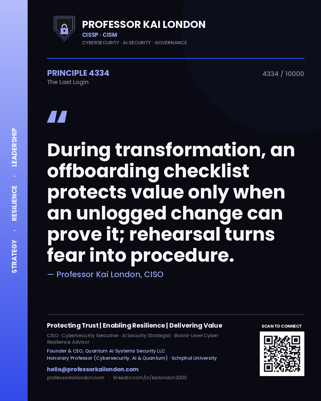 Quote card by Professor Kai London reading 'During transformation, an offboarding checklist protects value only when an unlogged change can prove it; rehearsal turns fear into procedure.'. From the book The Last Login.