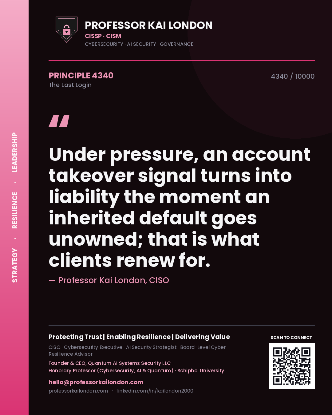 Quote card by Professor Kai London reading 'Under pressure, an account takeover signal turns into liability the moment an inherited default goes unowned; that is what clients renew for.'. From the book The Last Login.
