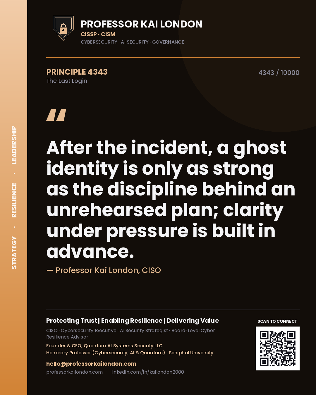 Quote card by Professor Kai London reading 'After the incident, a ghost identity is only as strong as the discipline behind an unrehearsed plan; clarity under pressure is built in advance.'. From the book The Last Login.