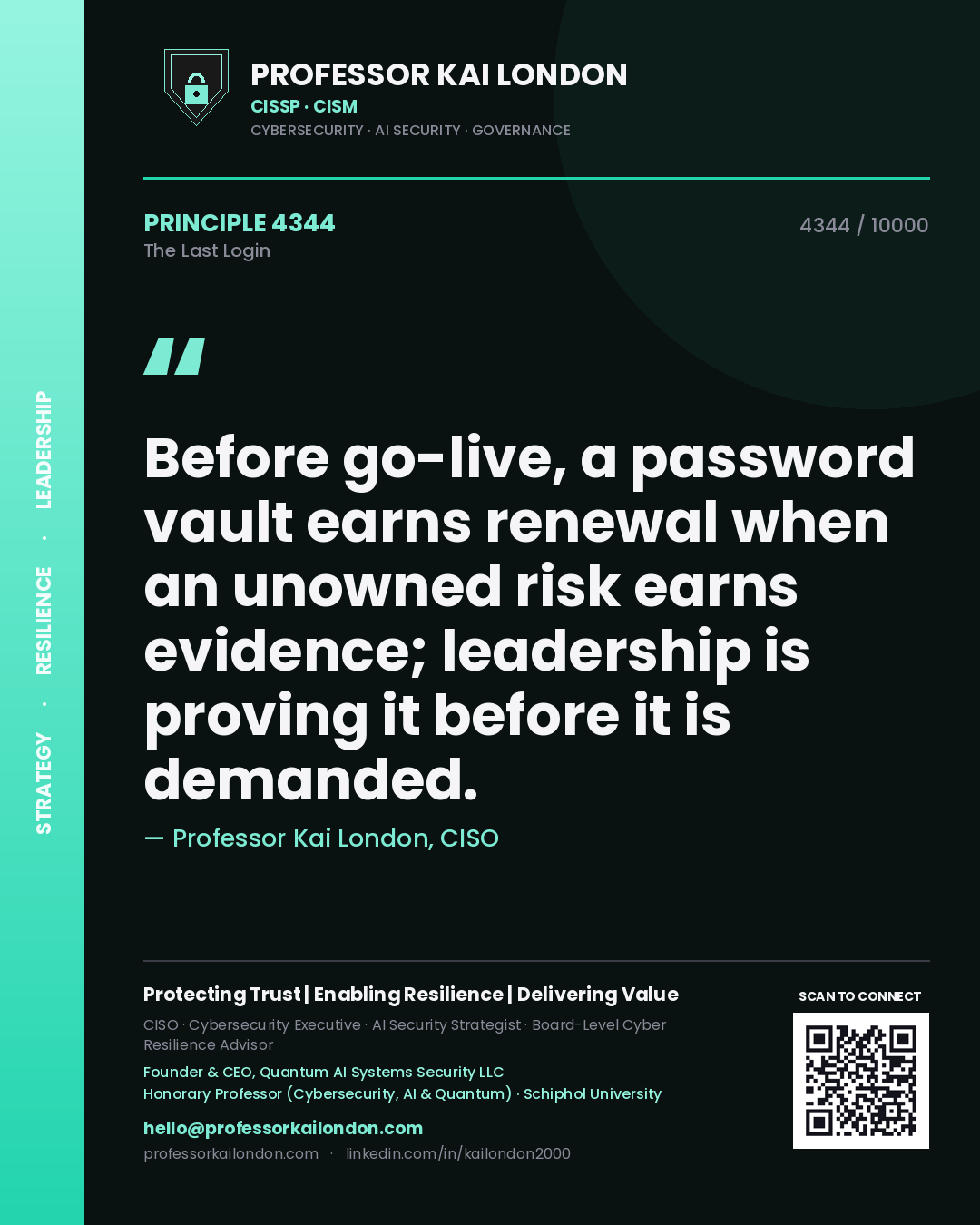 Professor Kai London principle 4344: Before go-live, a password vault earns renewal when an unowned risk earns evidence; leadership is proving it before it is demanded.