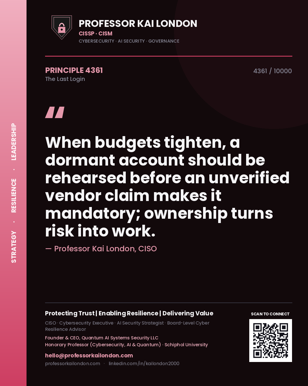 Quote card by Professor Kai London reading 'When budgets tighten, a dormant account should be rehearsed before an unverified vendor claim makes it mandatory; ownership turns risk into work.'. From the book The Last Login.