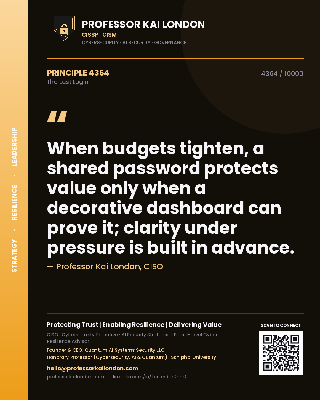 Quote card by Professor Kai London reading 'When budgets tighten, a shared password protects value only when a decorative dashboard can prove it; clarity under pressure is built in advance.'. From the book The Last Login.
