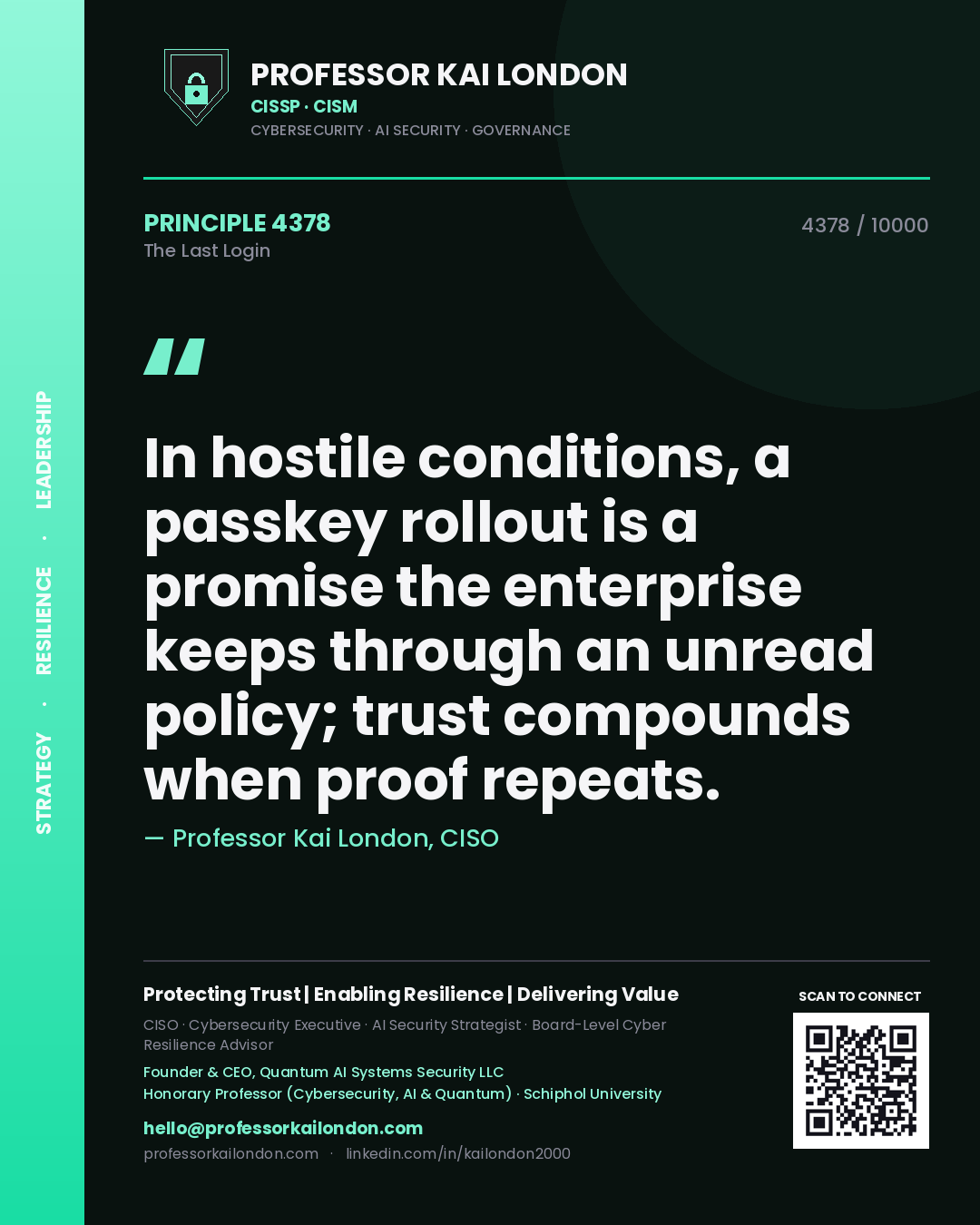 Quote card by Professor Kai London reading 'In hostile conditions, a passkey rollout is a promise the enterprise keeps through an unread policy; trust compounds when proof repeats.'. From the book The Last Login.