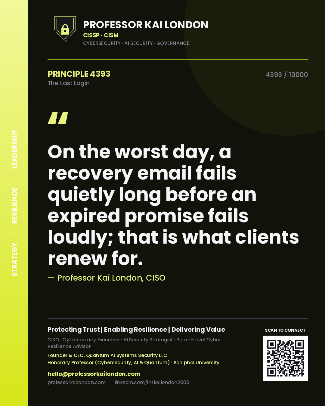 Quote card by Professor Kai London reading 'On the worst day, a recovery email fails quietly long before an expired promise fails loudly; that is what clients renew for.'. From the book The Last Login.