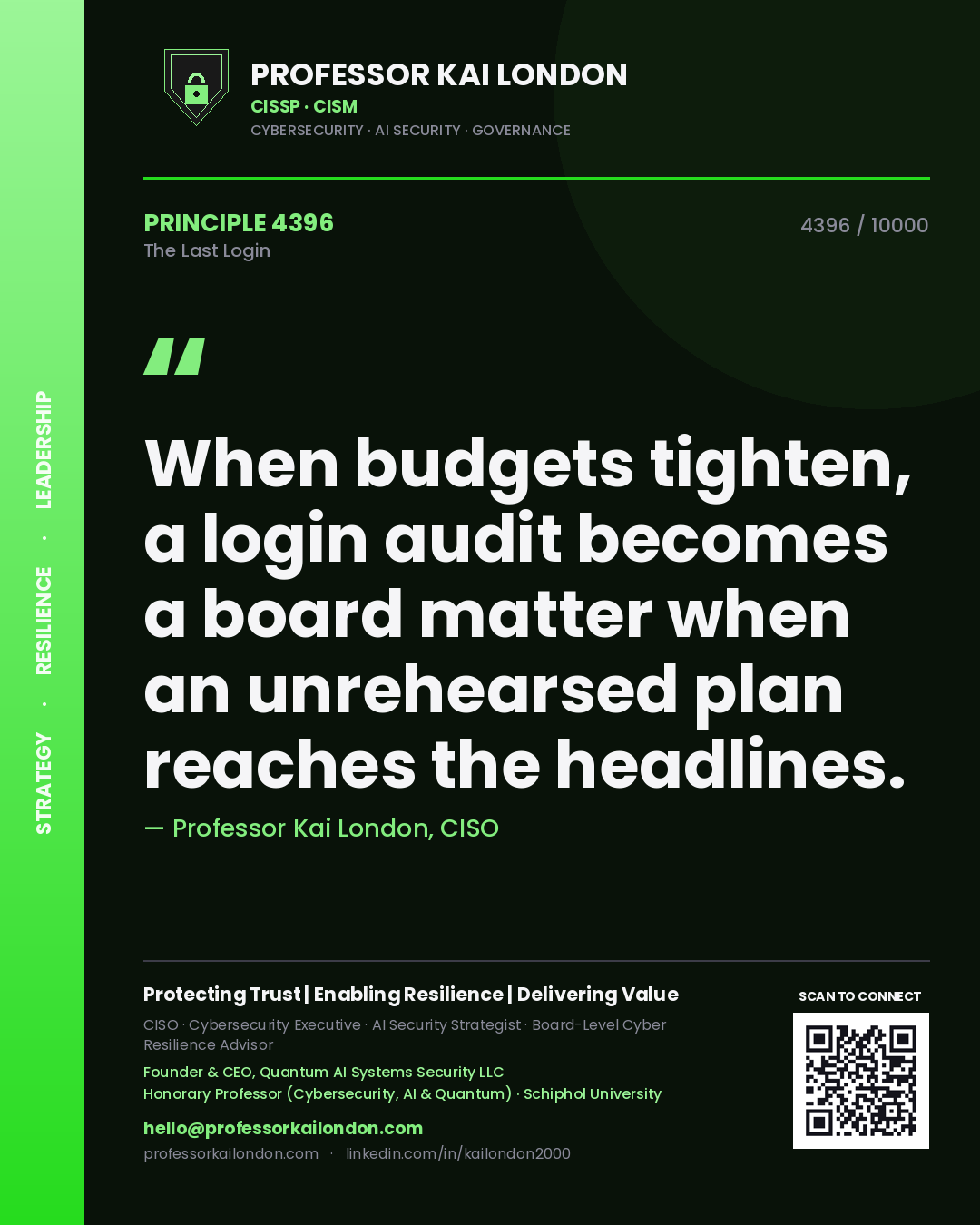 Quote card by Professor Kai London reading 'When budgets tighten, a login audit becomes a board matter when an unrehearsed plan reaches the headlines.'. From the book The Last Login.