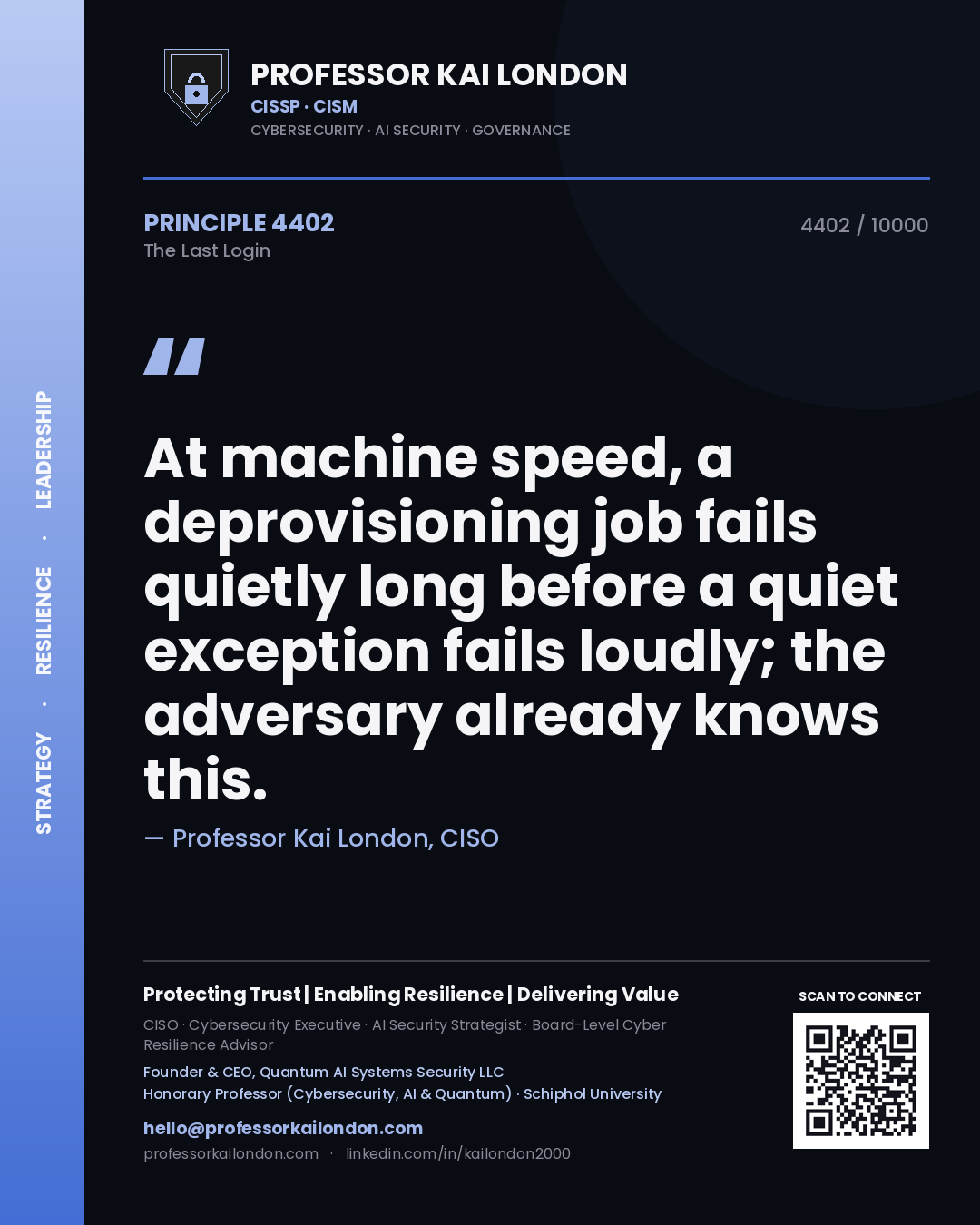 Professor Kai London principle 4402: At machine speed, a deprovisioning job fails quietly long before a quiet exception fails loudly; the adversary already knows this.