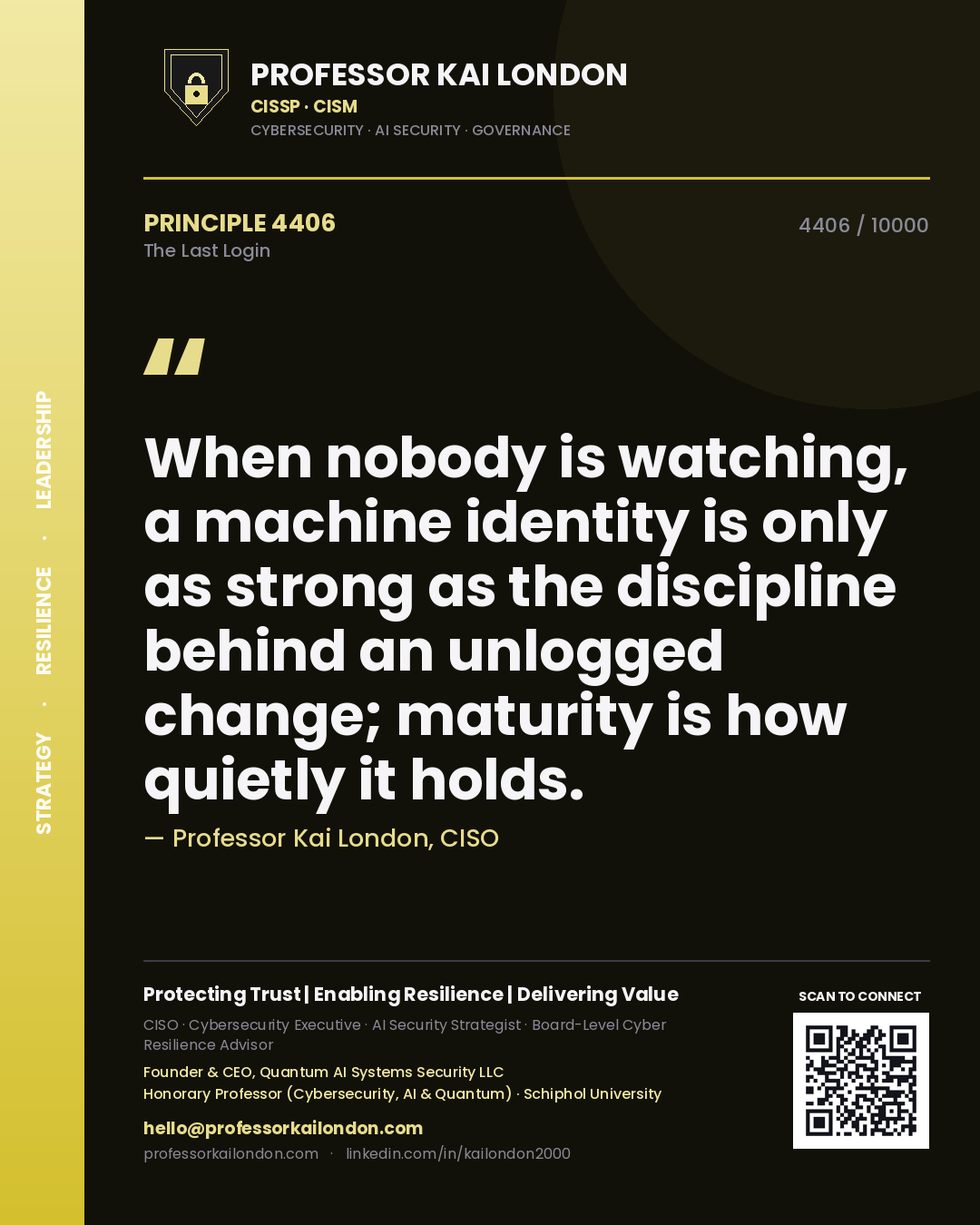 Professor Kai London principle 4406: When nobody is watching, a machine identity is only as strong as the discipline behind an unlogged change; maturity is how quietly it holds.