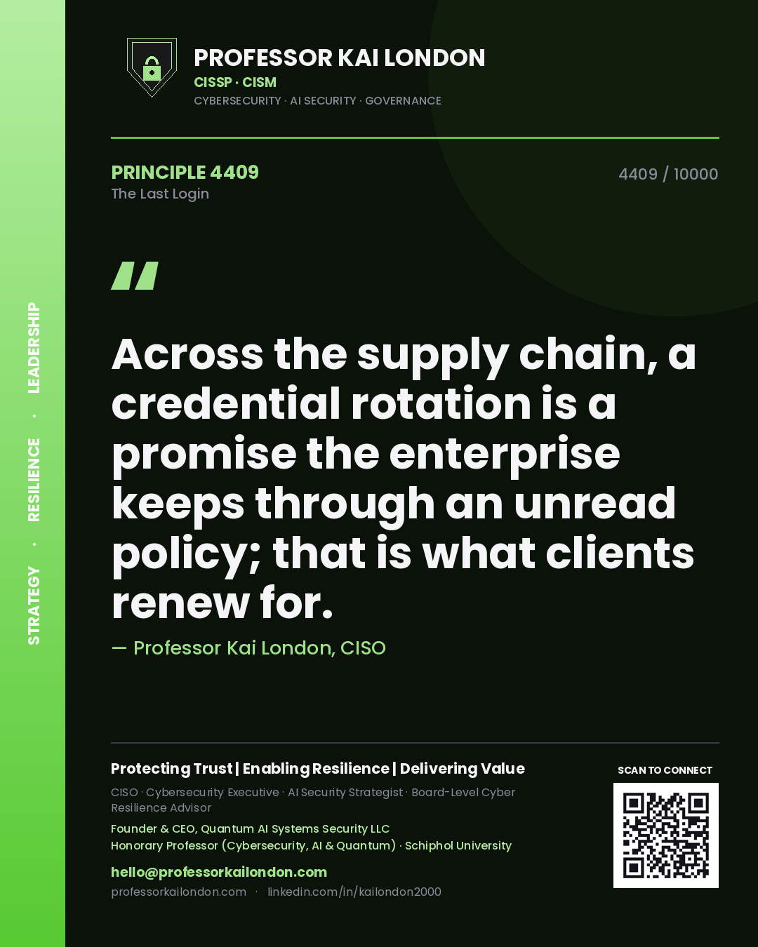 Professor Kai London principle 4409: Across the supply chain, a credential rotation is a promise the enterprise keeps through an unread policy; that is what clients renew for.