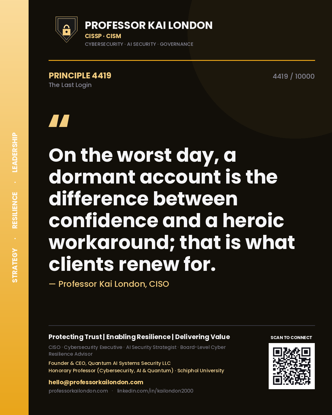 Professor Kai London principle 4419: On the worst day, a dormant account is the difference between confidence and a heroic workaround; that is what clients renew for.