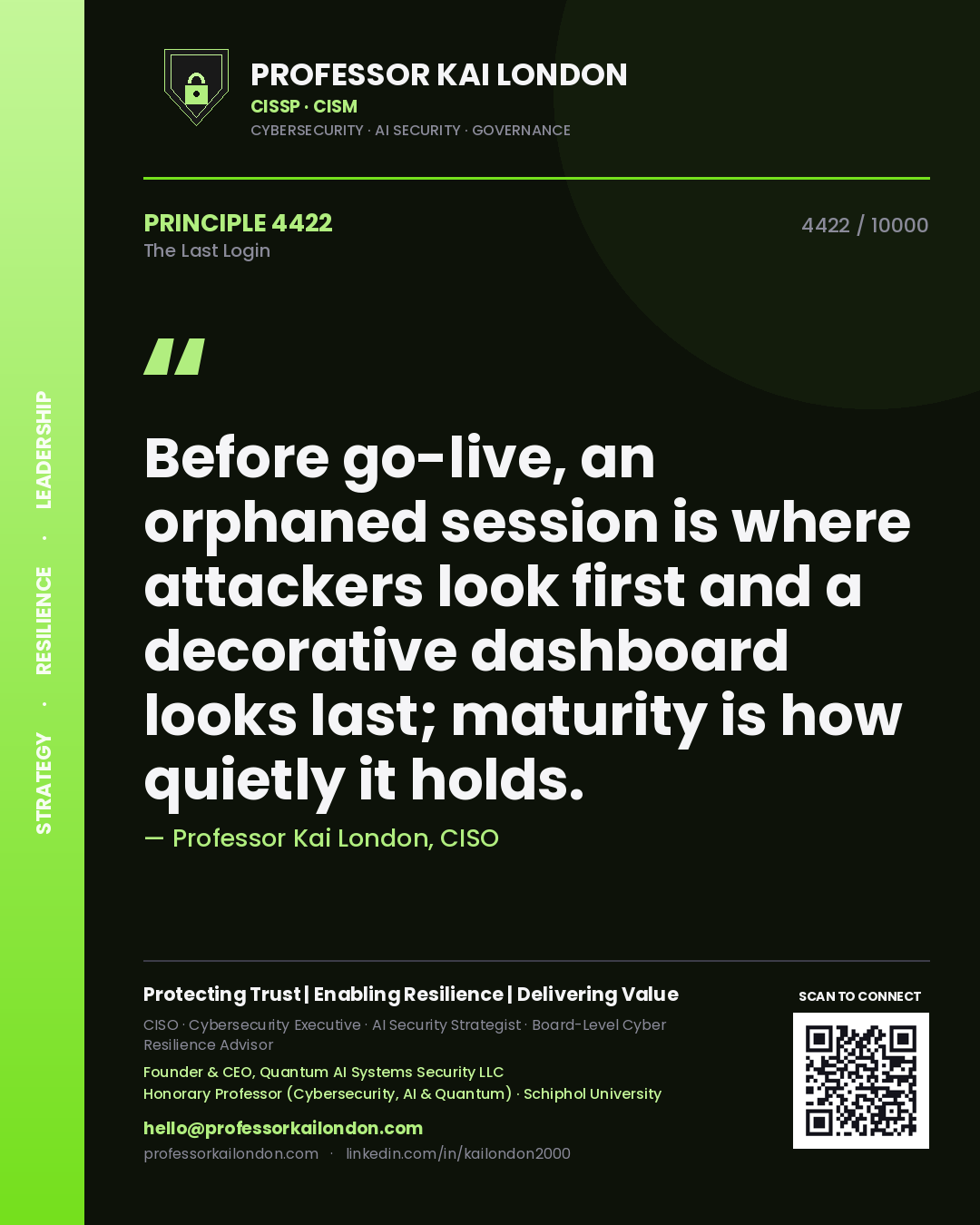 Professor Kai London principle 4422: Before go-live, an orphaned session is where attackers look first and a decorative dashboard looks last; maturity is how quietly it holds.