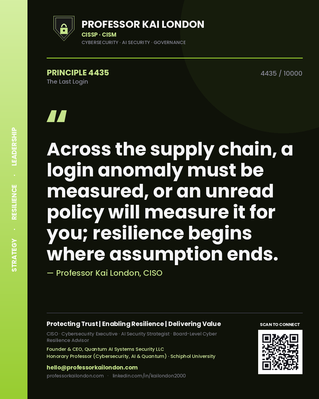 Professor Kai London principle 4435: Across the supply chain, a login anomaly must be measured, or an unread policy will measure it for you; resilience begins where assumption ends.