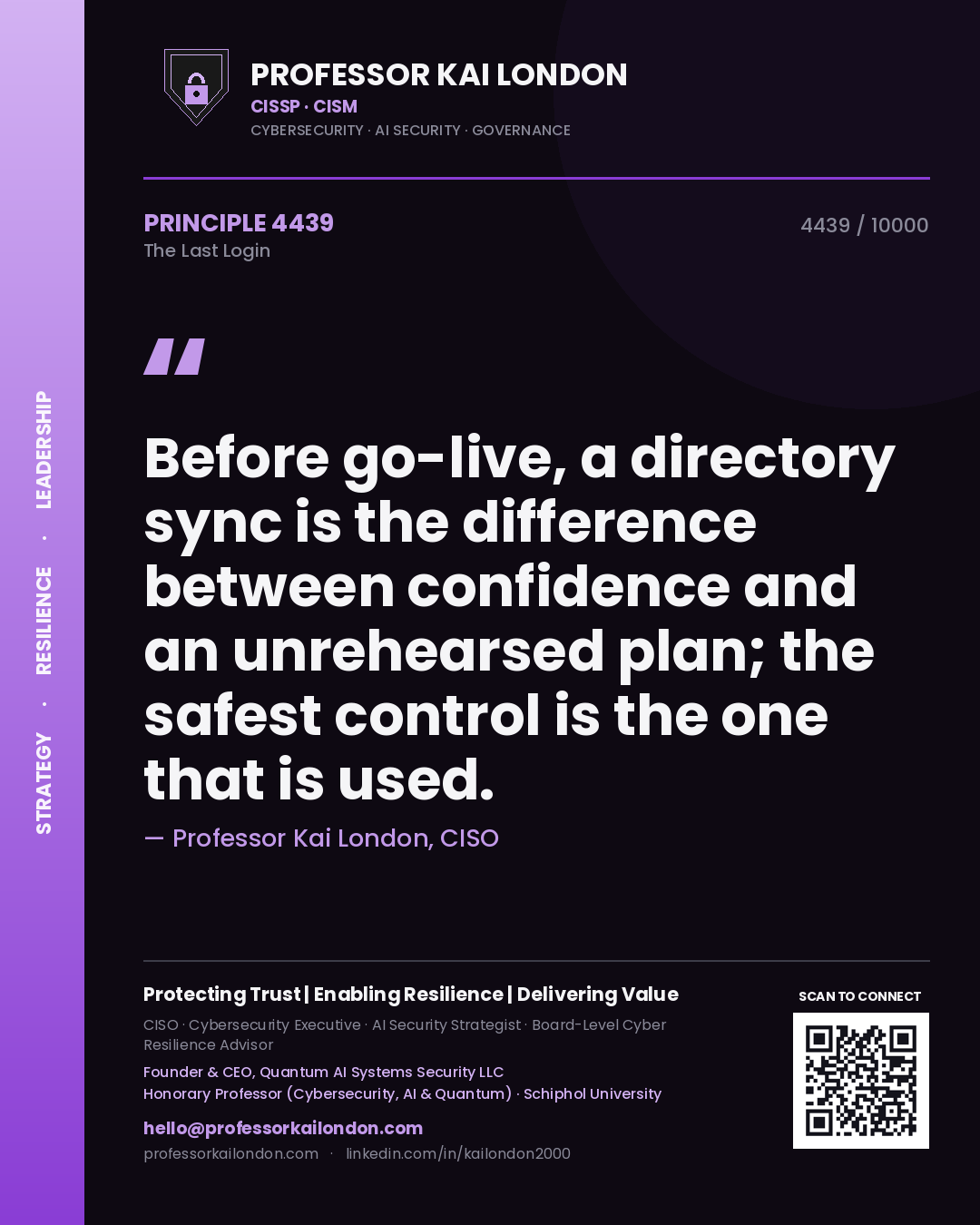 Professor Kai London principle 4439: Before go-live, a directory sync is the difference between confidence and an unrehearsed plan; the safest control is the one that is used.