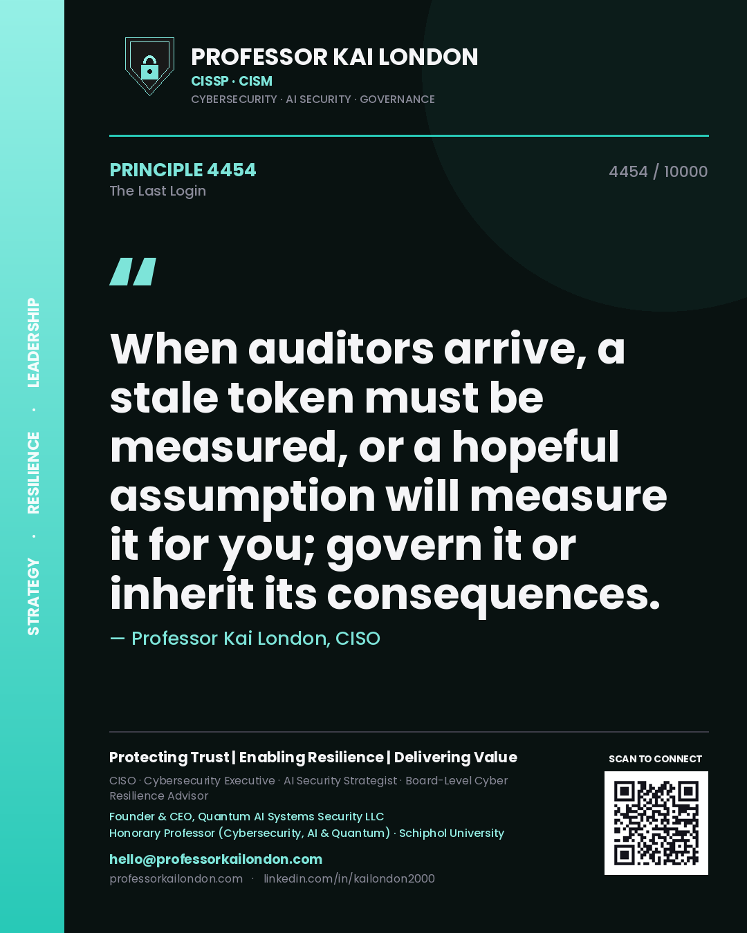 Professor Kai London principle 4454: When auditors arrive, a stale token must be measured, or a hopeful assumption will measure it for you; govern it or inherit its consequences.