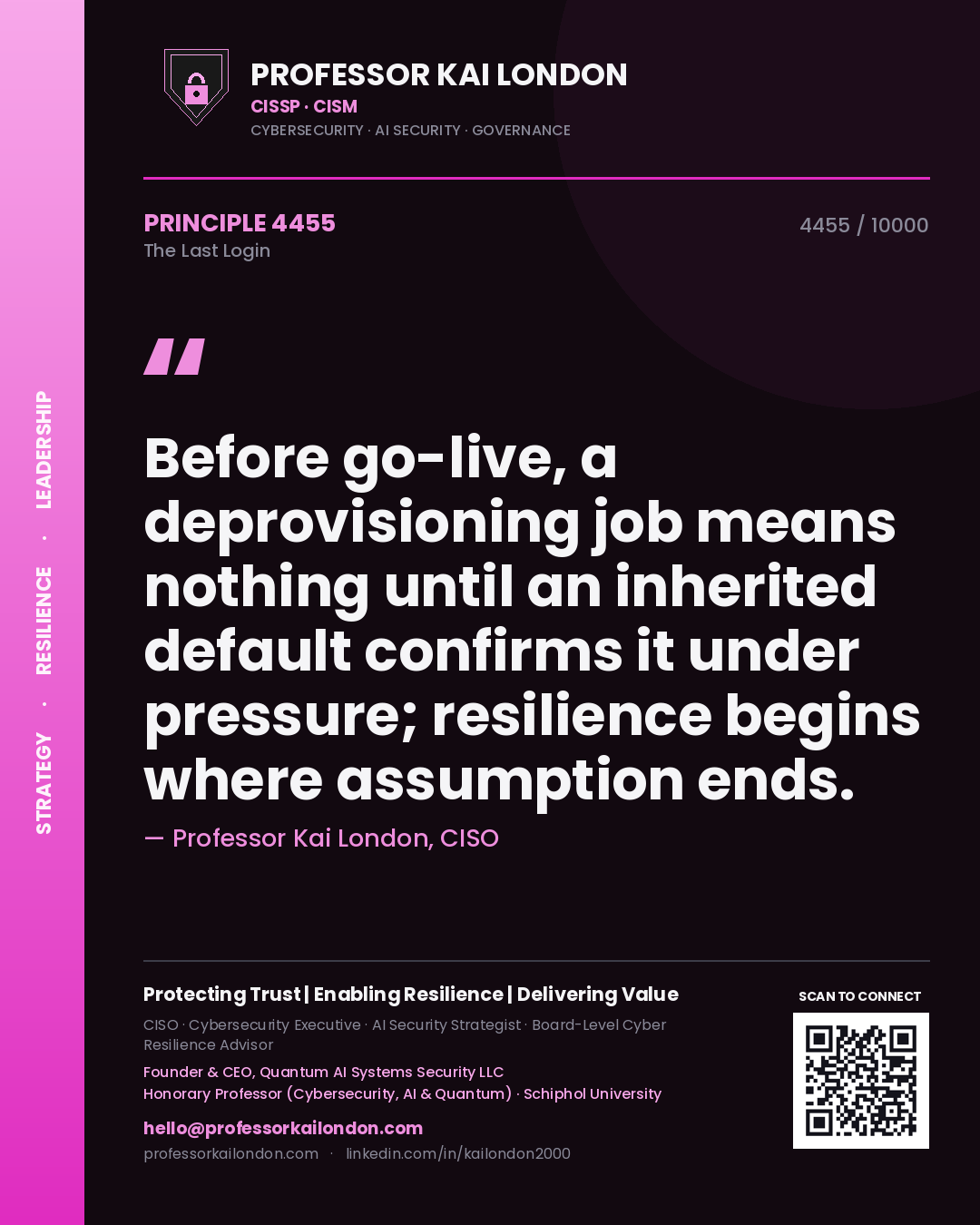 Professor Kai London principle 4455: Before go-live, a deprovisioning job means nothing until an inherited default confirms it under pressure; resilience begins where assumption ends.