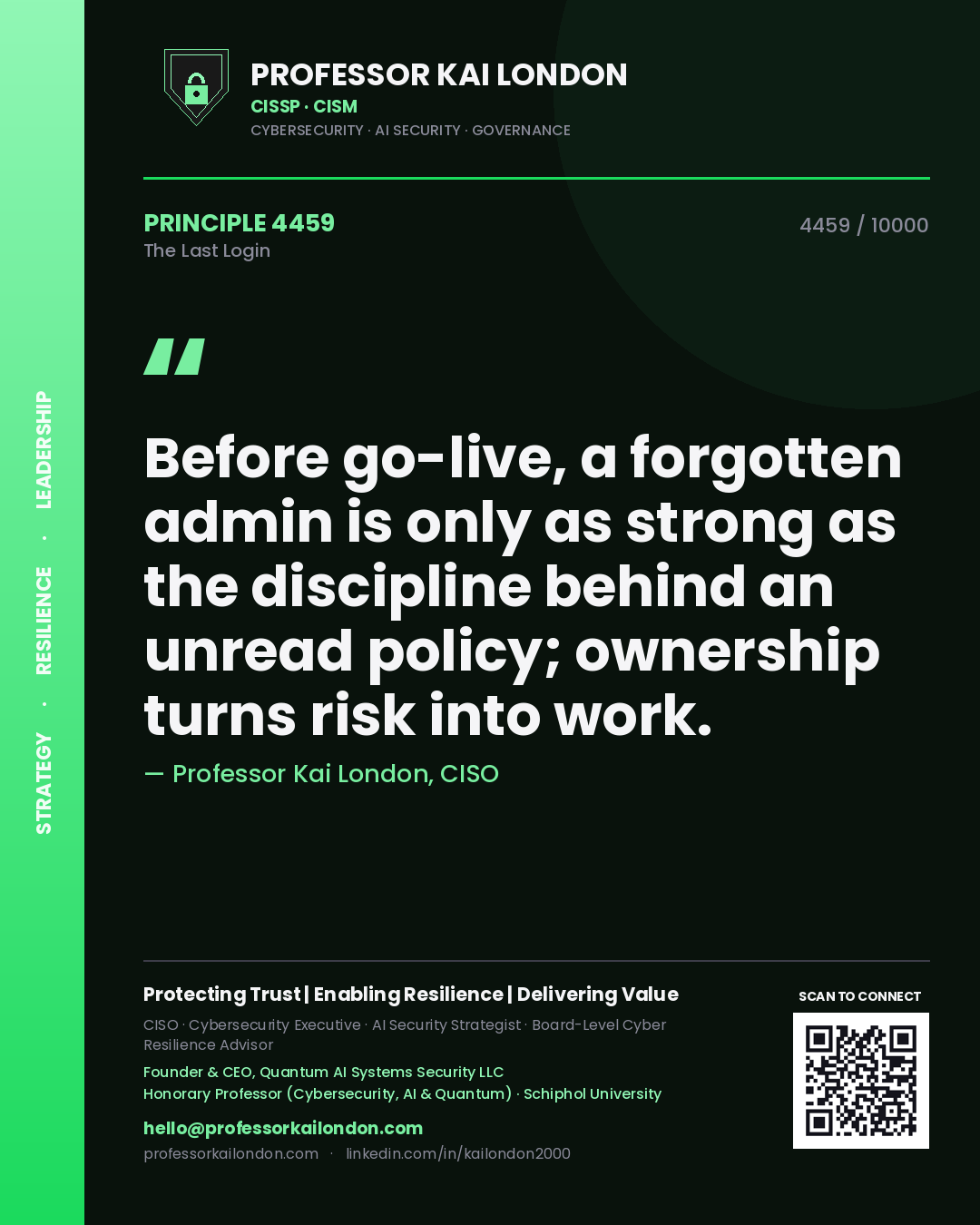Professor Kai London principle 4459: Before go-live, a forgotten admin is only as strong as the discipline behind an unread policy; ownership turns risk into work.