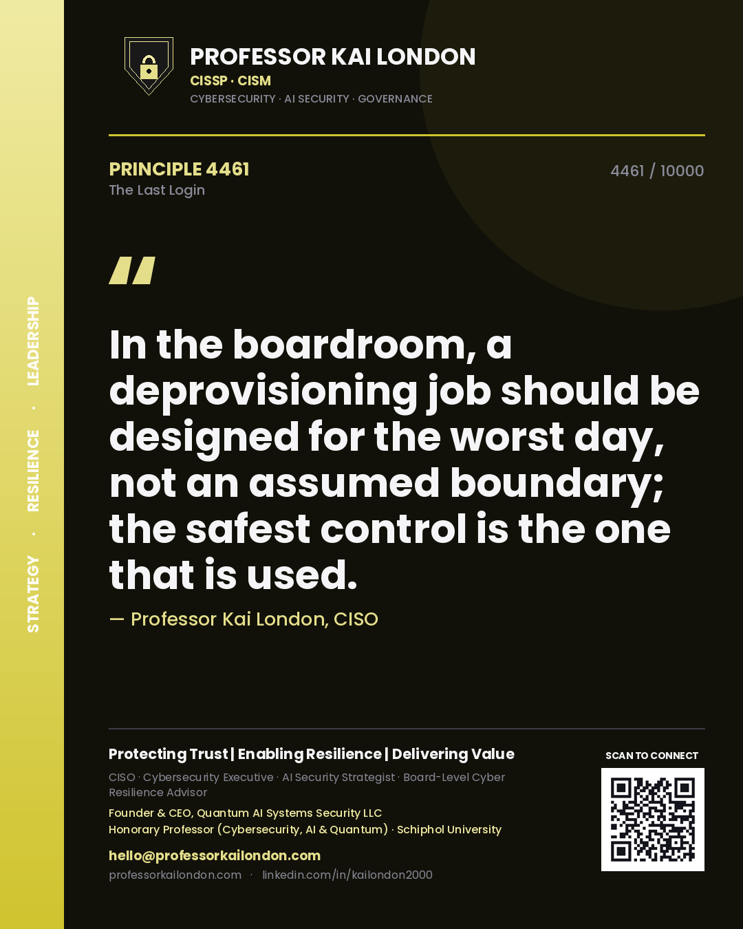Professor Kai London principle 4461: In the boardroom, a deprovisioning job should be designed for the worst day, not an assumed boundary; the safest control is the one that is used.